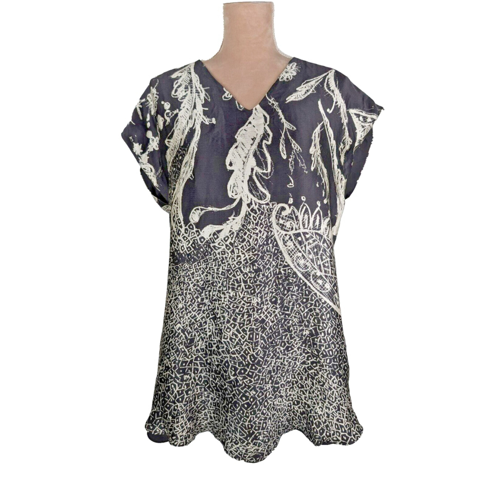 Shamask 100% Silk Geometric Tunic Top Blouse Black White Lagenlook Art US 10-14